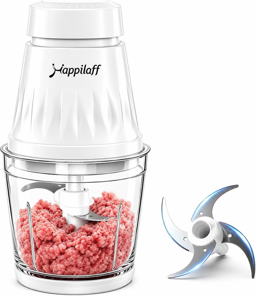 Happilaff 350W High-Power Food Processor, 5-in-1 Function: Chopper, Stainless Steel 4-Blade, 600ml Glass Bowl, Mixer/Chopper, Washable, Overheat Prote