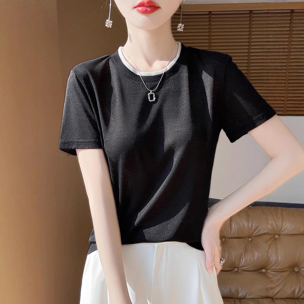 Summer Colorblock Round Neck Knitted Short Sleeve Women's Casual Top
