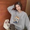 Cartoon Casual Fleece Hoodie Women Korean Cute Round Neck Print Autumn Winter Versatile Long Sleeve Top