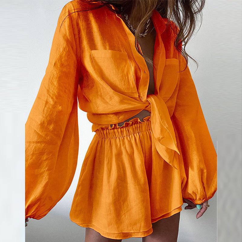2026 Spring Women's Lace-up Solid Color Casual Top and Shorts Set