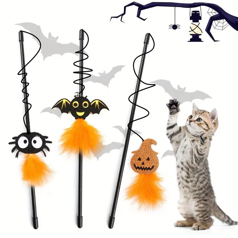 3Pcs Interactive Play Halloween Cat Wand Toy Funny Cat Teasing Stick Kitten Entertainment
