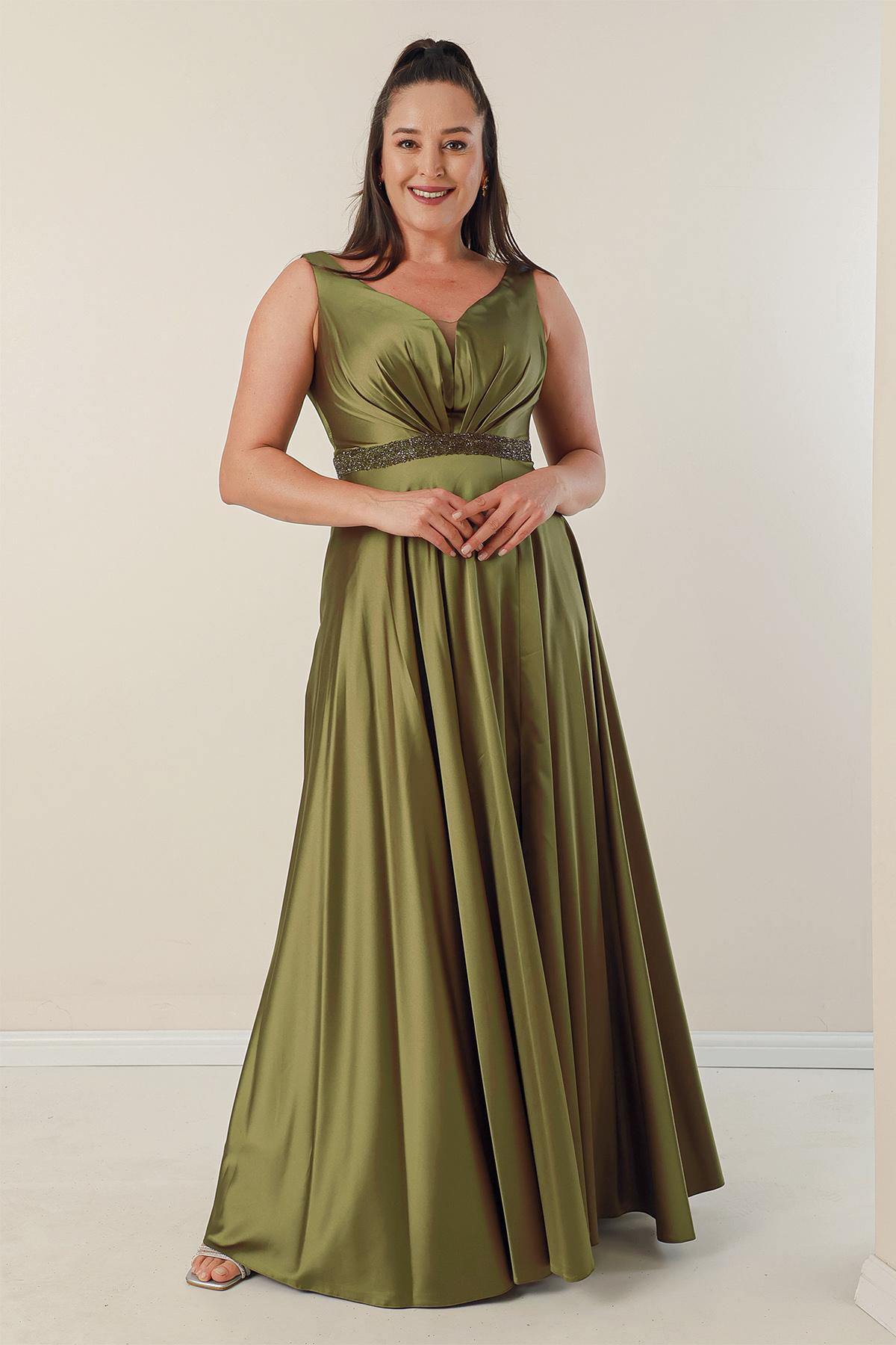

V Neck Thick Straps Waist Beaded Lined Plus Size Satin Long Dress 4XL хакі