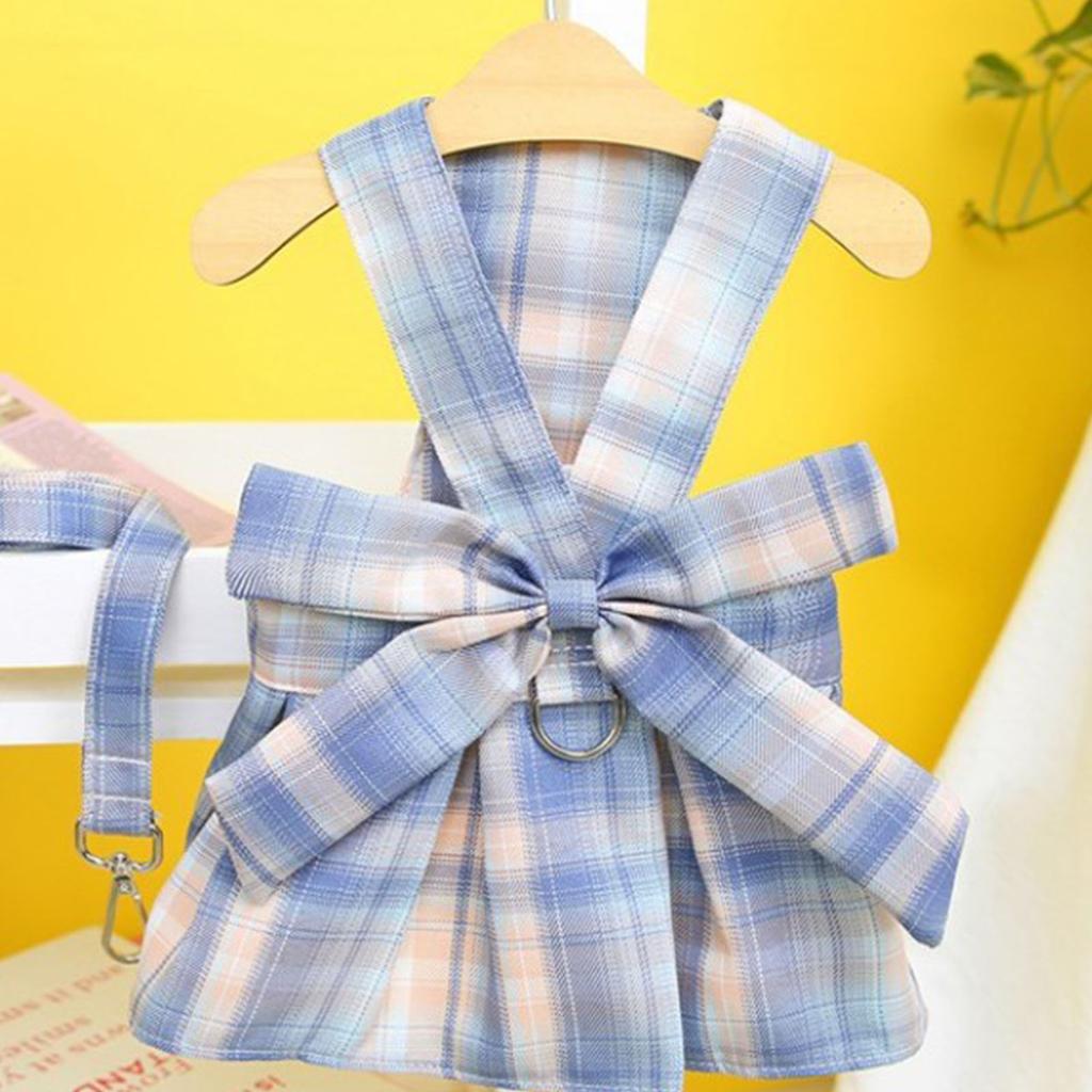 Plaid Dog Dress Bow Tie Harness Leash Set Breathable Soft Comfortable Puppy Dress for Daily Walking