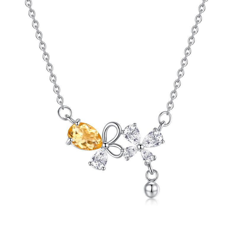 Natural crystal stone s925 sterling silver necklace women's light luxury garnet olivine butterfly love flower niche collarbone chain
