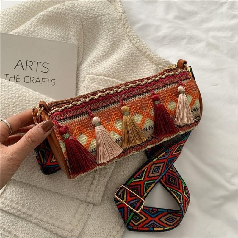 Quasten Damenhandtasche Modische Zylindrische Damenhandtasche im Ethno-Stil Umhängetasche Einzel-Schultertasche
