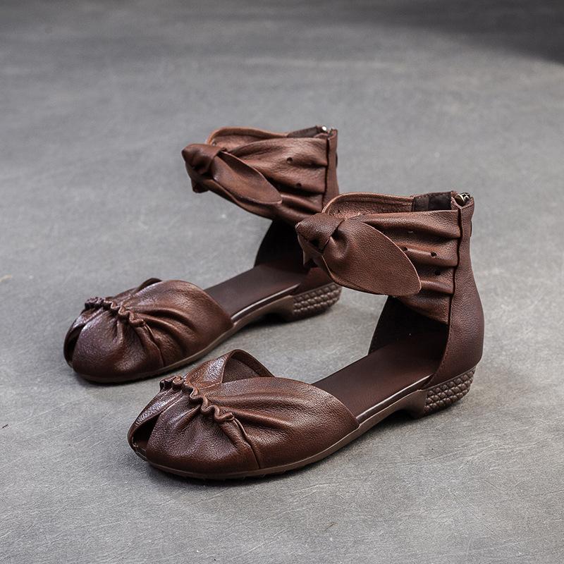 Johnature Genuine Leather Comfortable Breathable Sandals Peep Toe Low Heel Versatile Retro Women's Shoes