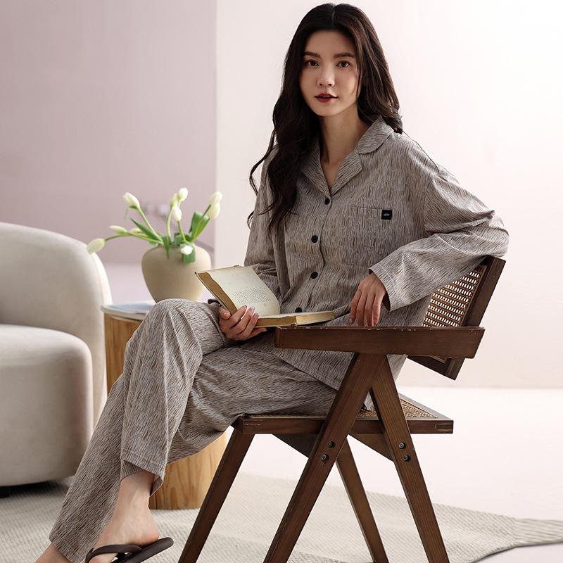 Women's Pure Cotton Long Sleeve Pajama Set - Loose Fit, Plus Size, for Autumn/Spring