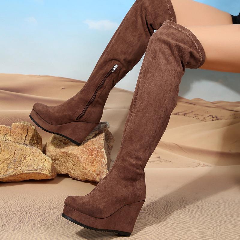Side Zipper Women's Boots Retro Brown Flock High Heels Autumn Winter Platform Wedges Height Increasing Modern Boots Women Shoes