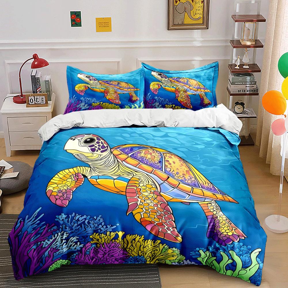 Colorful Sea Turtle Design Trio Exquisite Three-Piece Bedding Set Gift For Kids And Adults