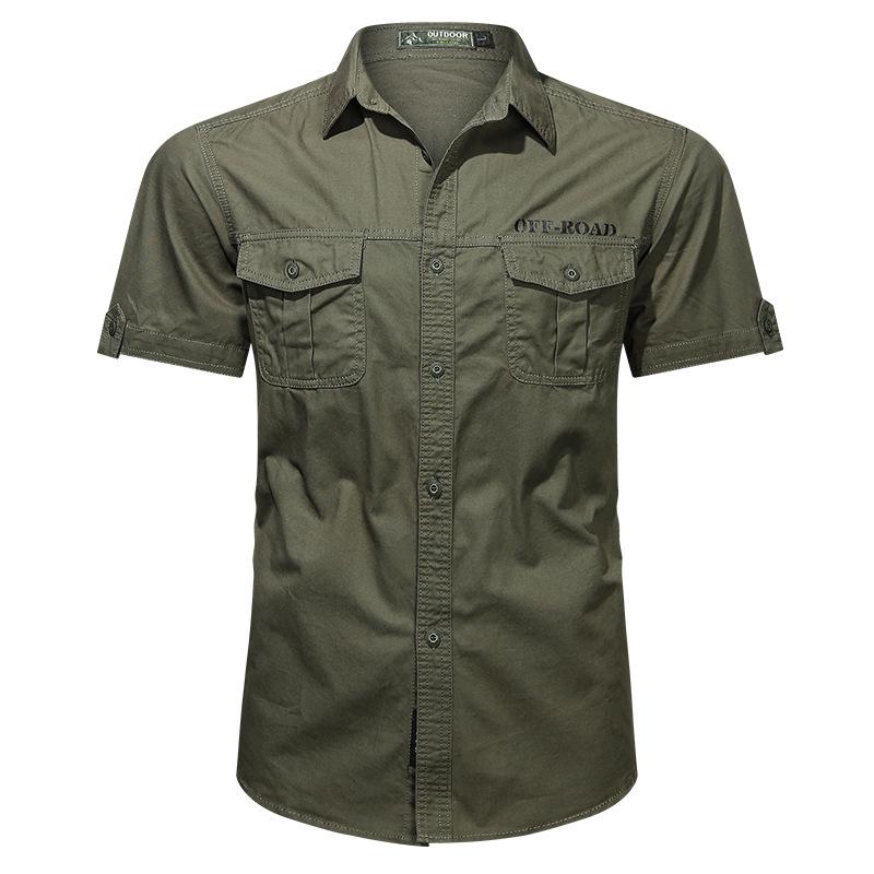 2024 Men's Casual Cotton Military Shirt - Washed, Thin, Loose Short Sleeve