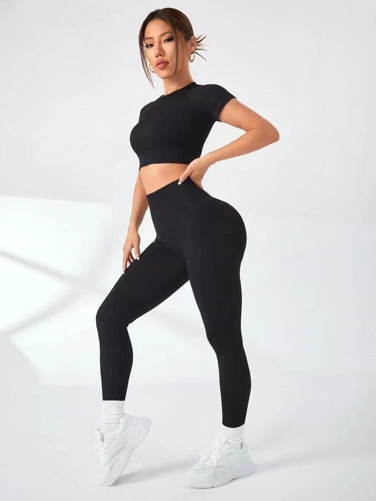 JYL Ribbed Seamless Yoga Set Short Sleeve Hip Lifting Pants L бездна