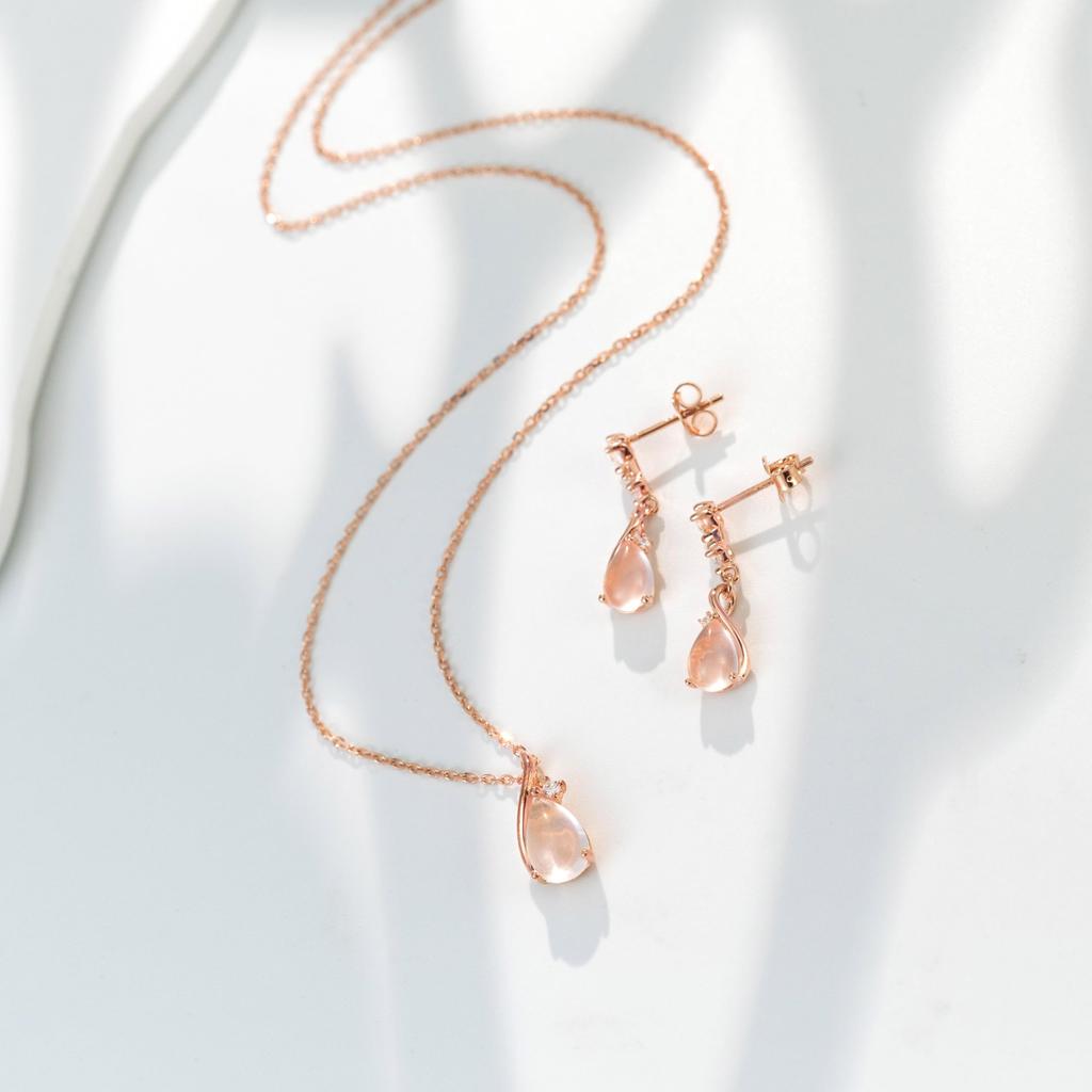Rose Quartz Necklace and Earrings Set for Women Silver 925 Hypoallergenic October Birthstone Earrings Dangling Necklace Pink Gold Simple Girlfriend