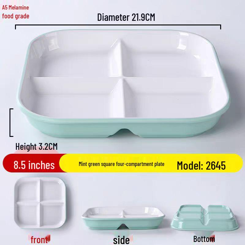 Four-Compartment Melamine Square Plate for Fast Food & Salads.
