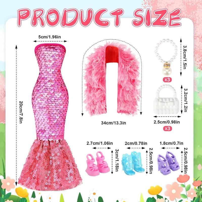 3 Sets 30cm Girl Doll Clothes Girls Doll Accessories Mermaids Evening Gown Dress Fur Shawl Shoes Outfit Doll Clothing(NO DOLL)