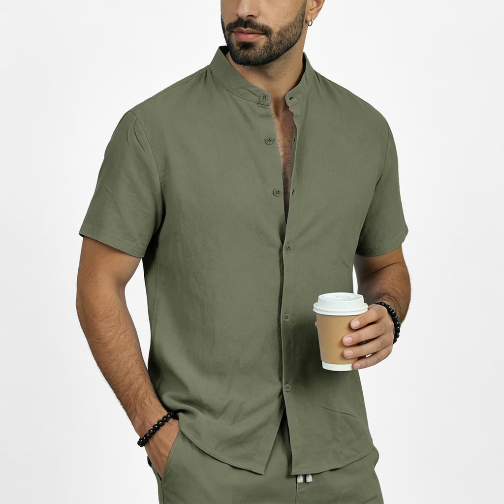 Men's Summer Linen Short Sleeve Shirt Stand Collar Button Down Shirt Casual Breathable Lightweight Top for Daily Wear