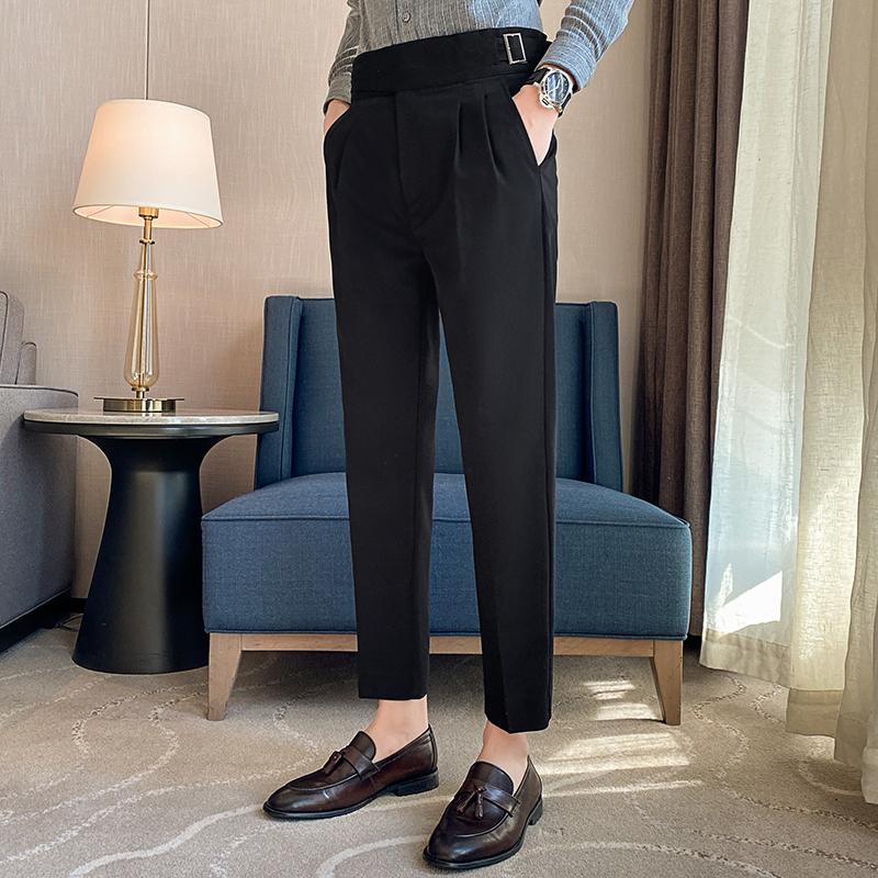 British Style Men High Waist Casual Pant Men Belt Design Slim Trousers Formal Office Social Wedding Party Pants