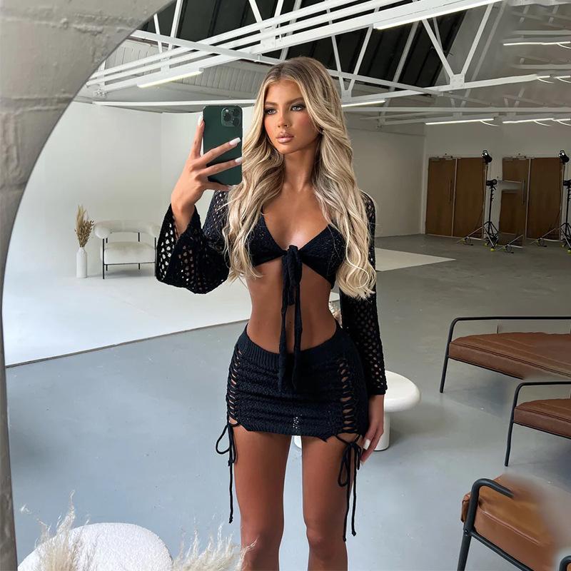 New Summer Beach Women Solid Color Sexy Knitted Beach Bikini Swimsuit Hoodie Dress