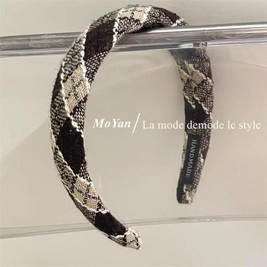 

Изысканная корейская твидовая широкая повязка на голову с клеткой «гусиная лапка» - Ретро-аксессуар для волос для женщин