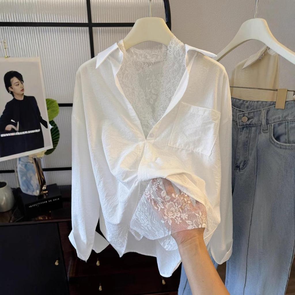 French-Style Two-Piece Set: Turn-Down Collar Long Sleeve Shirt + Lace Vest for Women.