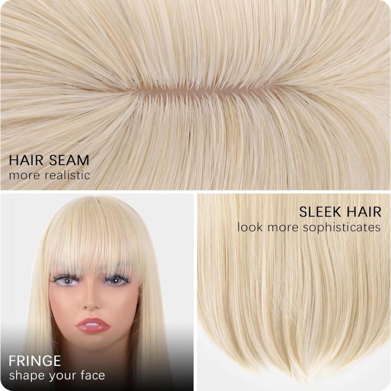 Womens Light Blonde Long Straight Wig With Bangs High Temperature Fiber Synthetic Hairpiece