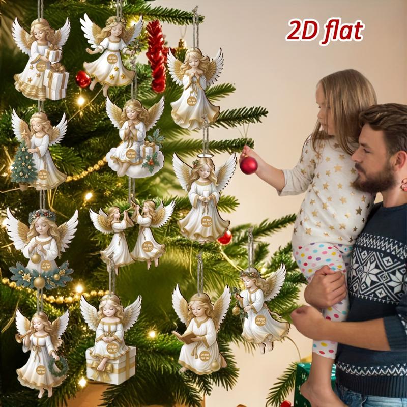 12Pcs Christmas Ornaments Vintage Wooden White Angel Pendant Merry Christmas New Year Pendant Gift Xmas Tree Decor Supplies