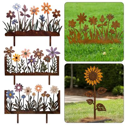 Rostige Blumenbeet-Stange Dekoration Wetterfest Innen Außen Hof Rasen Terrasse Weg Metall Florale Silhouette Schild Pfahl