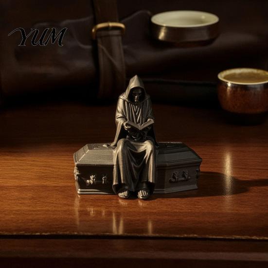 Collectible Gothic Figurines 3D Printed Reading Skeleton Figurine, Hooded Reader Statue, Creative Bedroom Decorations Spooky Desktop Ornament for Home