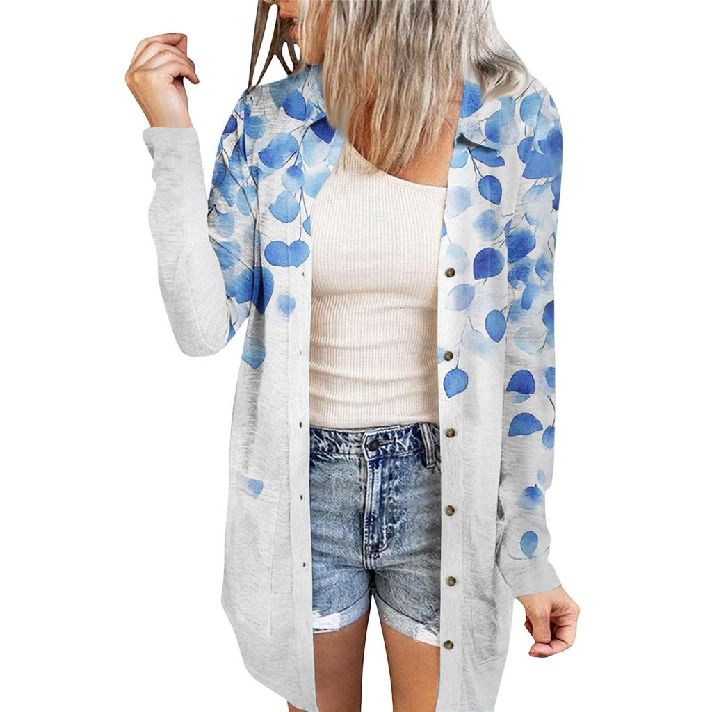 Women's Casual Fashion Floral Print Long Sleeve Mid-Length Cardigan Jacket