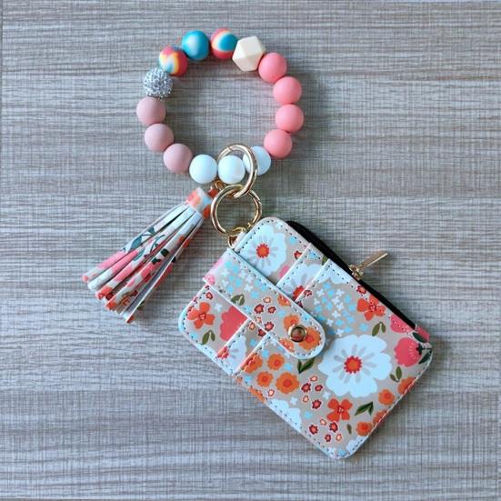 Ladies Floral Wristlet Wallet Boho Style Coin Purse Keychain with Tassel Elastic