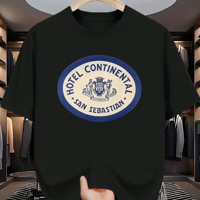 

European sizes Classic Crew Neck T-Shirt Featuring a Vintage Hotel Badge Design, Versatile And Easy Men S Wear Suitable 4XL чорний