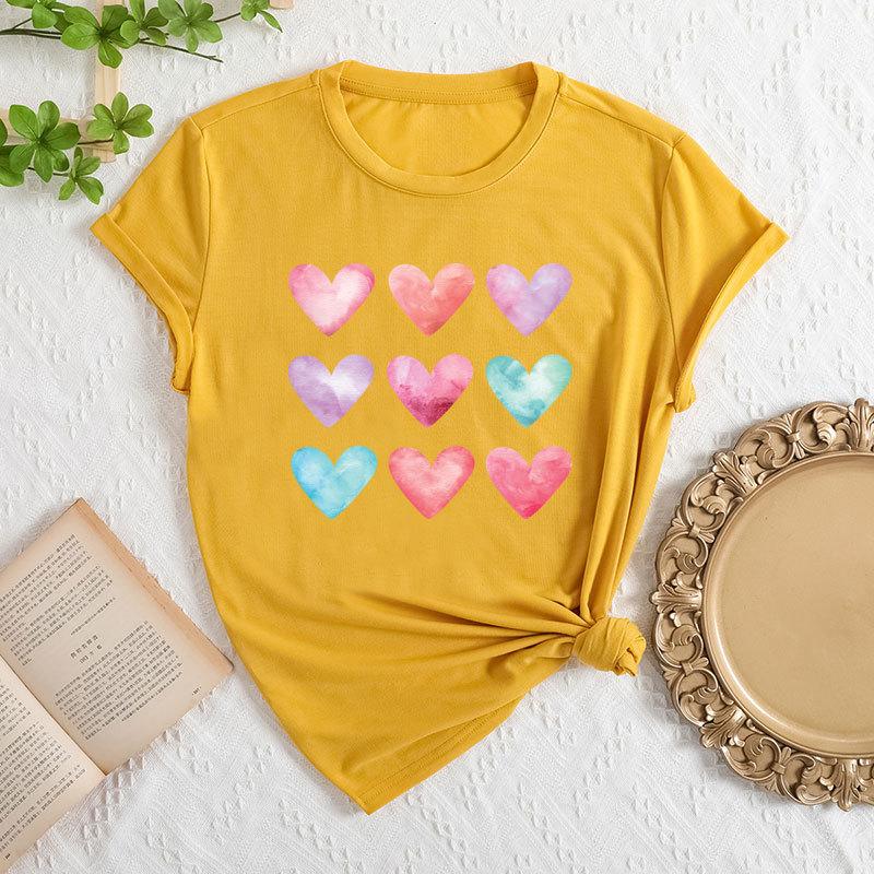 Summer Women's Plus Size Color Heart Print Loose Round Neck Casual Pure Cotton Short Sleeved T-shirts Women's