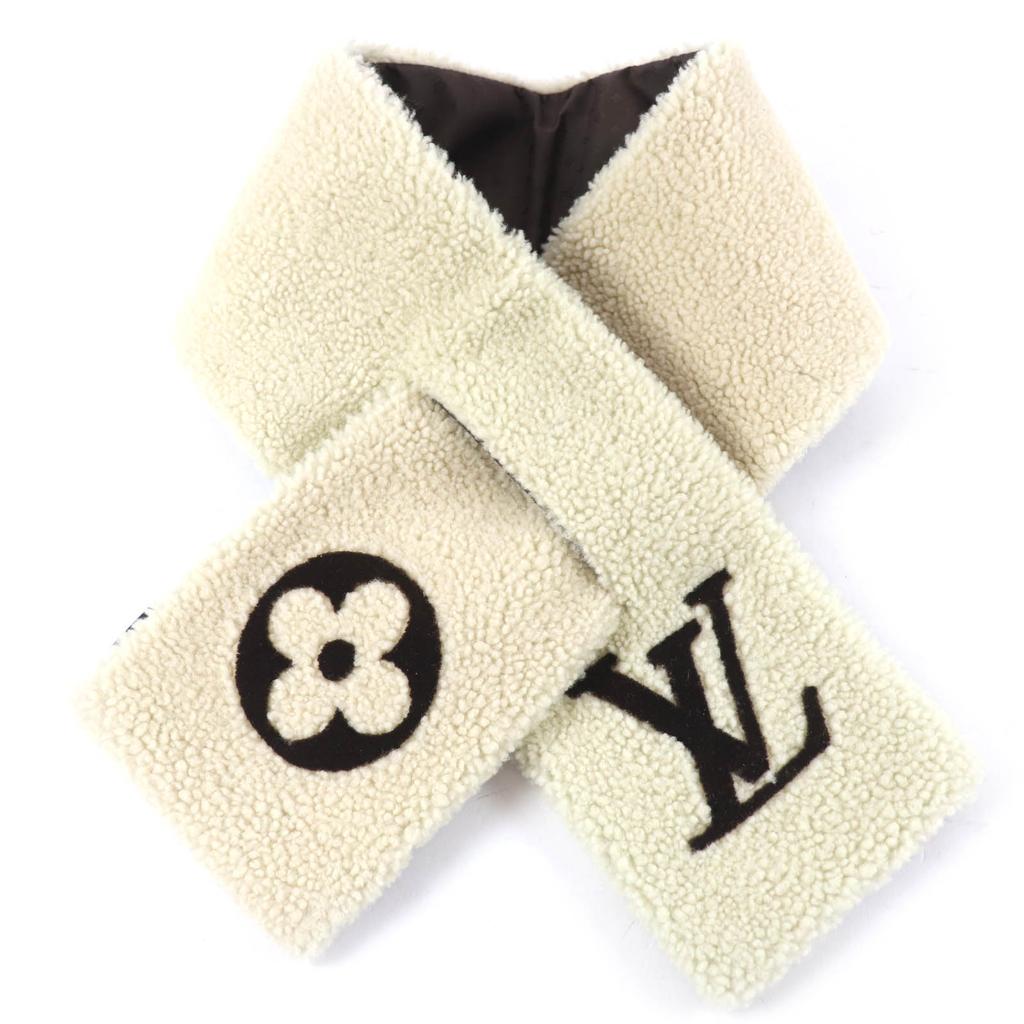 Excellent LOUIS VUITTON Scarf LV logo sheepskin fur tippet shawl Ivory M79229 Used