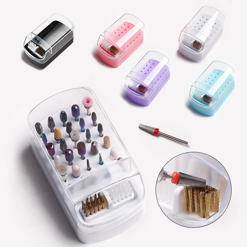 Nail Drill Bits Storage Box with 30 Holes and Cleaning Brush Manicure Salon Grinding Head Holder Nail Art Accessory Organizer