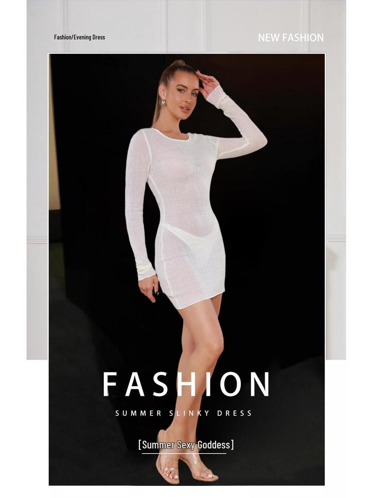 European and American Women's Sheer Knit Short Dress - Sexy, Round Neck, Long Sleeve