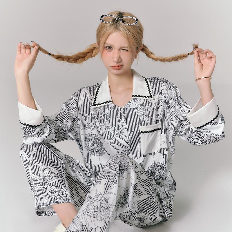 

Пижамы женские осенние Ice Silk с длинным рукавом новая женская домашняя одежда весна и осень XL