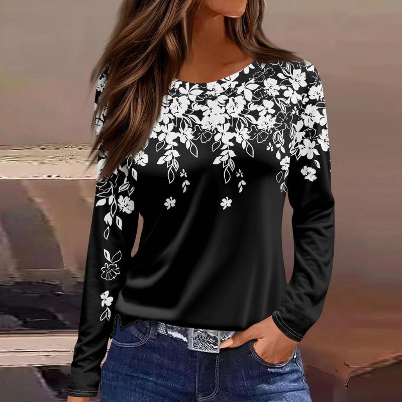 Women's T-shirt 3D Petals Falling Print Fashion Long Sleeve Round Neck Regular Top Holiday Weekend Spring and Autumn Clothing
