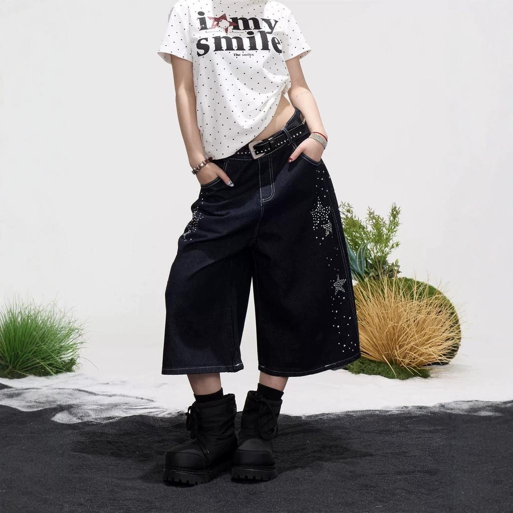 Washed Heavy Industry Hot Diamond Star Seven-point Jeans Men's and Women's Summer American High Street Retro Loose Wide-leg Shorts Cotton