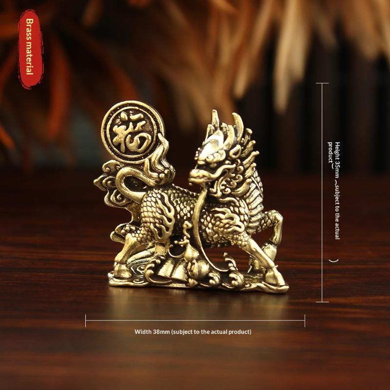 2Pcs/Set Brass Fu Character Kirin Small Ornament Home Office Copperware Tea Pet Decoration