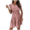 Women's Color Round Neck Pullover Short Sleeve Ruffle Tie Waist Dress