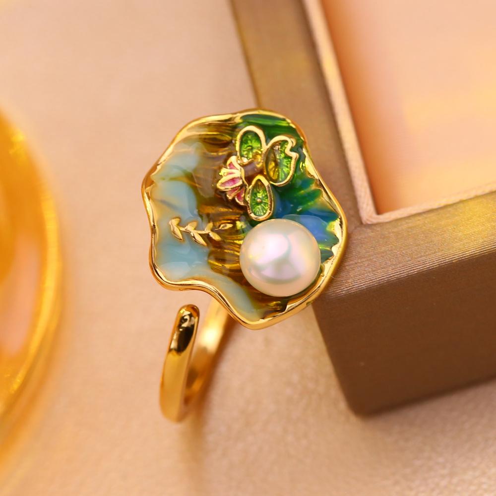 seniko Naturlige ferskvannsperleringer for kvinner mote kvinnelige cubic zirconia CZ blomsterring perle smykker justerbar ring