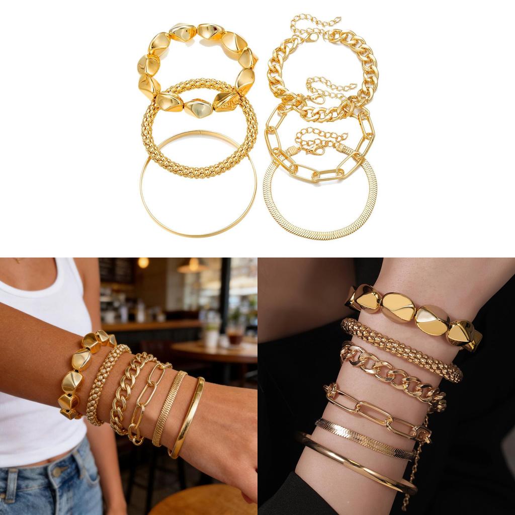 Alloy Chain Bracelet Set For Women With Geometric Design And Multilayer Style