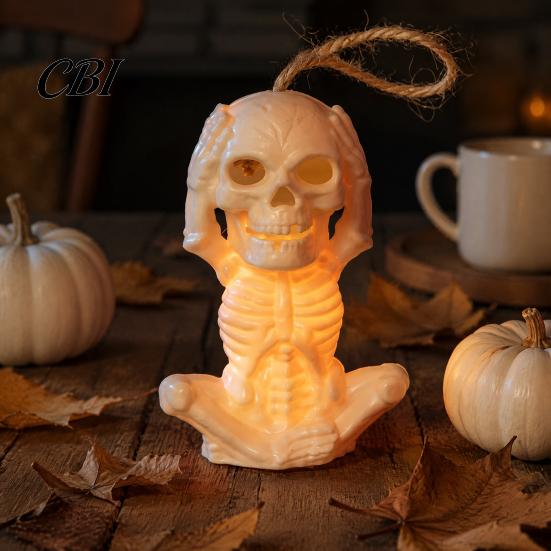 Hanging Skeleton Decor with Lanyard Halloween Decoration LED Light, Spooky Lighted Plastic Skull Flameless Candle Figurine Ornament Rope for