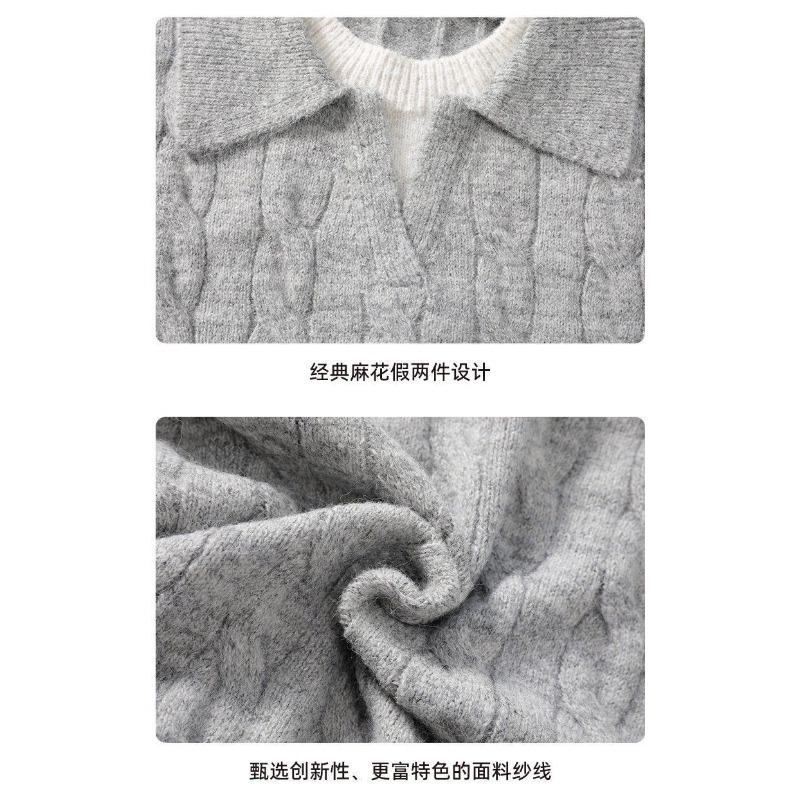 Men Fake Two Piece V Neck Twisted Knit Long Sleeve Casual Polo Sweater