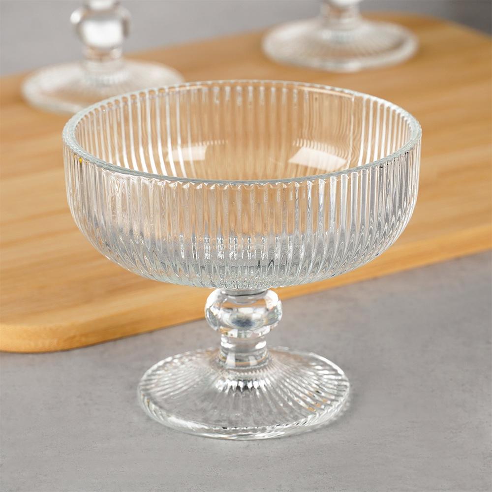 6x Grooved Glass Cups On a Stand for Ice Cream Desserts 270ml