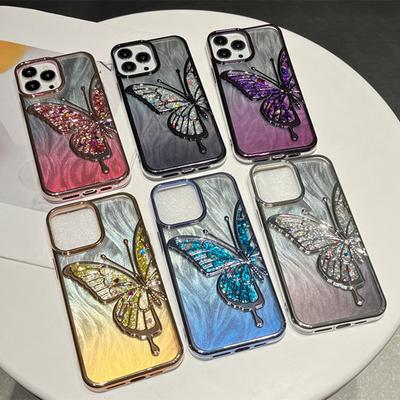 Quicksand Three-dimensional Butterfly Suitable for IPhone16proMax Mobile Phone Case Electroplated Feather Sand Gradient Apple 15 Protection Case