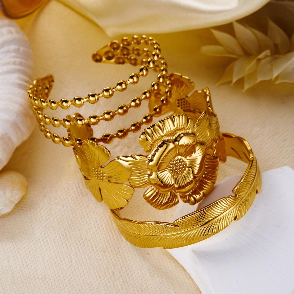 Stainless Steel Textured Feather Round Beads Wrapped Flower Open Cuff Bracelet For Women Men Dainty Vintage Plant Bangle Jewelry