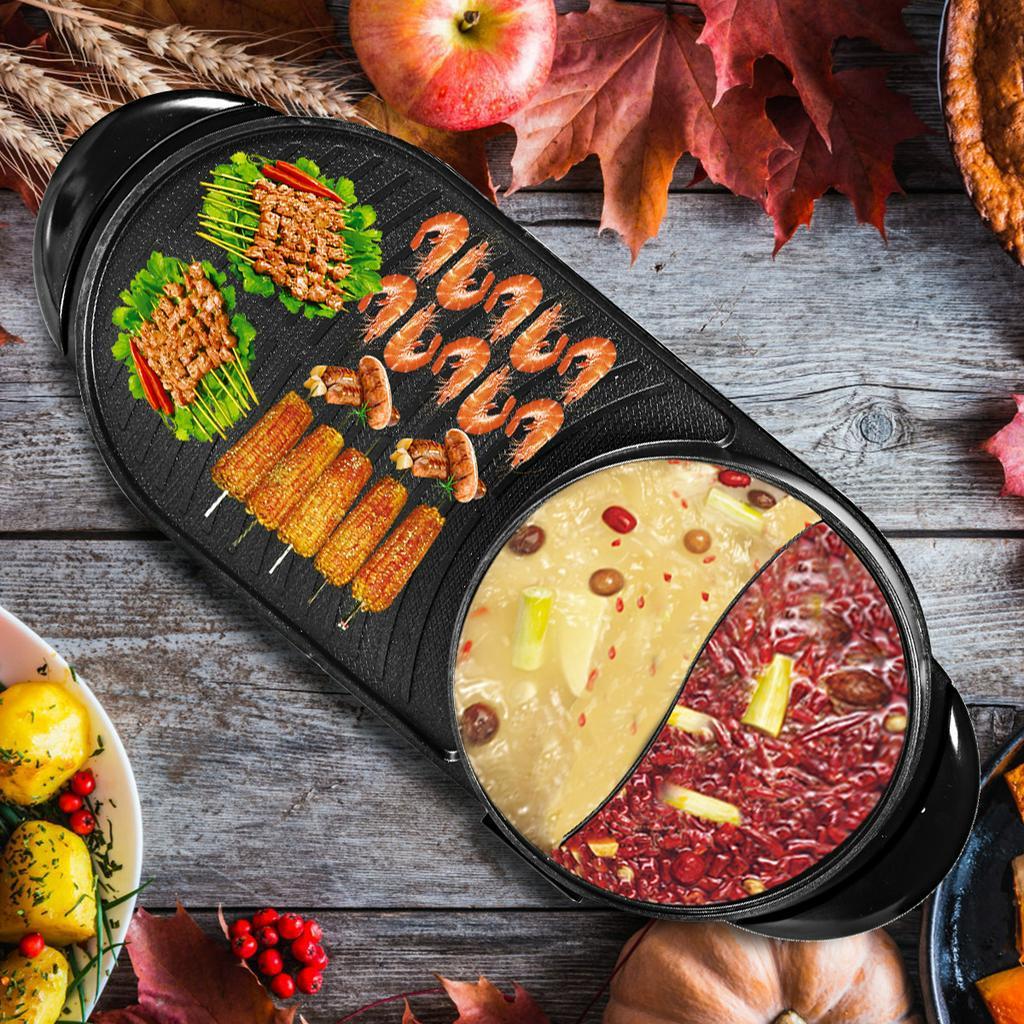 1200W 110V 2 in 1 Electric Hot Pot Oven Smokeless Barbecue Pan Shabu Pot Non-Stick BBQ Griddle Home Hotpot Baking Plate