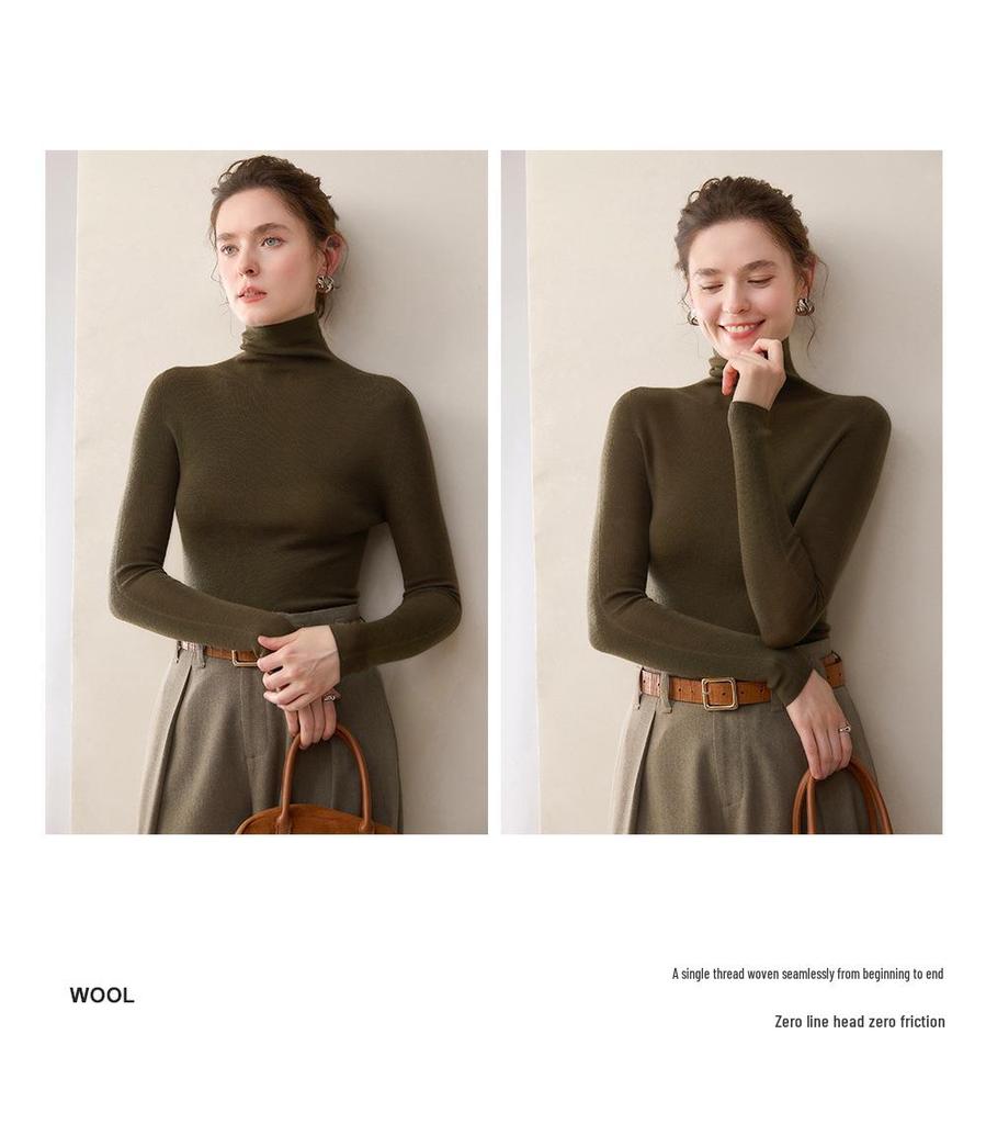 Damen Schlank Geschnitten Hoher Kragen Nahtlos Gestrickter Wollpullover - Langarm Basisschicht für Herbst und Winter