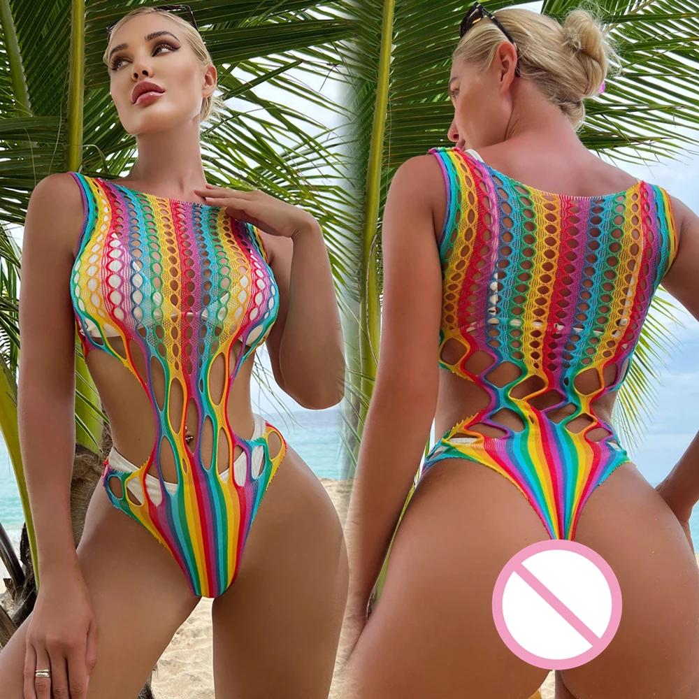Sexy Rainbow Bodysuits Costume Erotic Fishnet Transparent Seductive Underwear Ladies Mesh Hollow See Through Bodycon Clothes