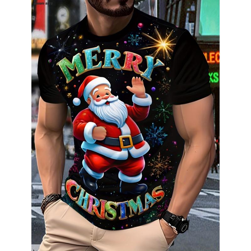 Herren Weihnachts-T-Shirt mit Weihnachtsmann & Schneemann Print, Festliches Oberteil, Lustiges Freizeit-T-Shirt, Perfektes Geschenk für den Weihnachtswichtel